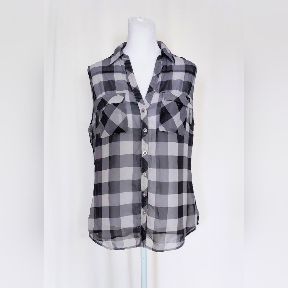 NY & Company Sleeveless Sheer Button Up Top Black White Plaid Size Medium